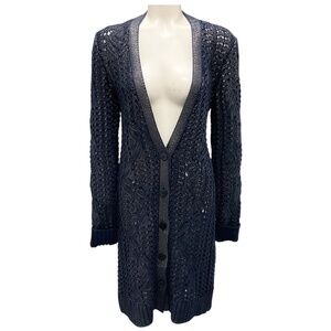 OSCAR DE LA RENTA 2013 NAVY METALLIC KNIT LONG CARDIGAN SWEATER
